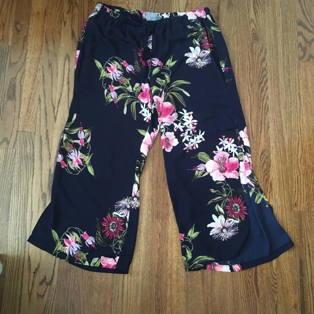 Blue Floral Wide Leg Front Slit Pants